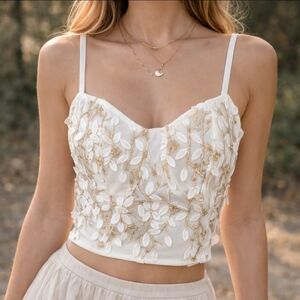 White & Gold Floral Embroidered Bustier Top | Size S